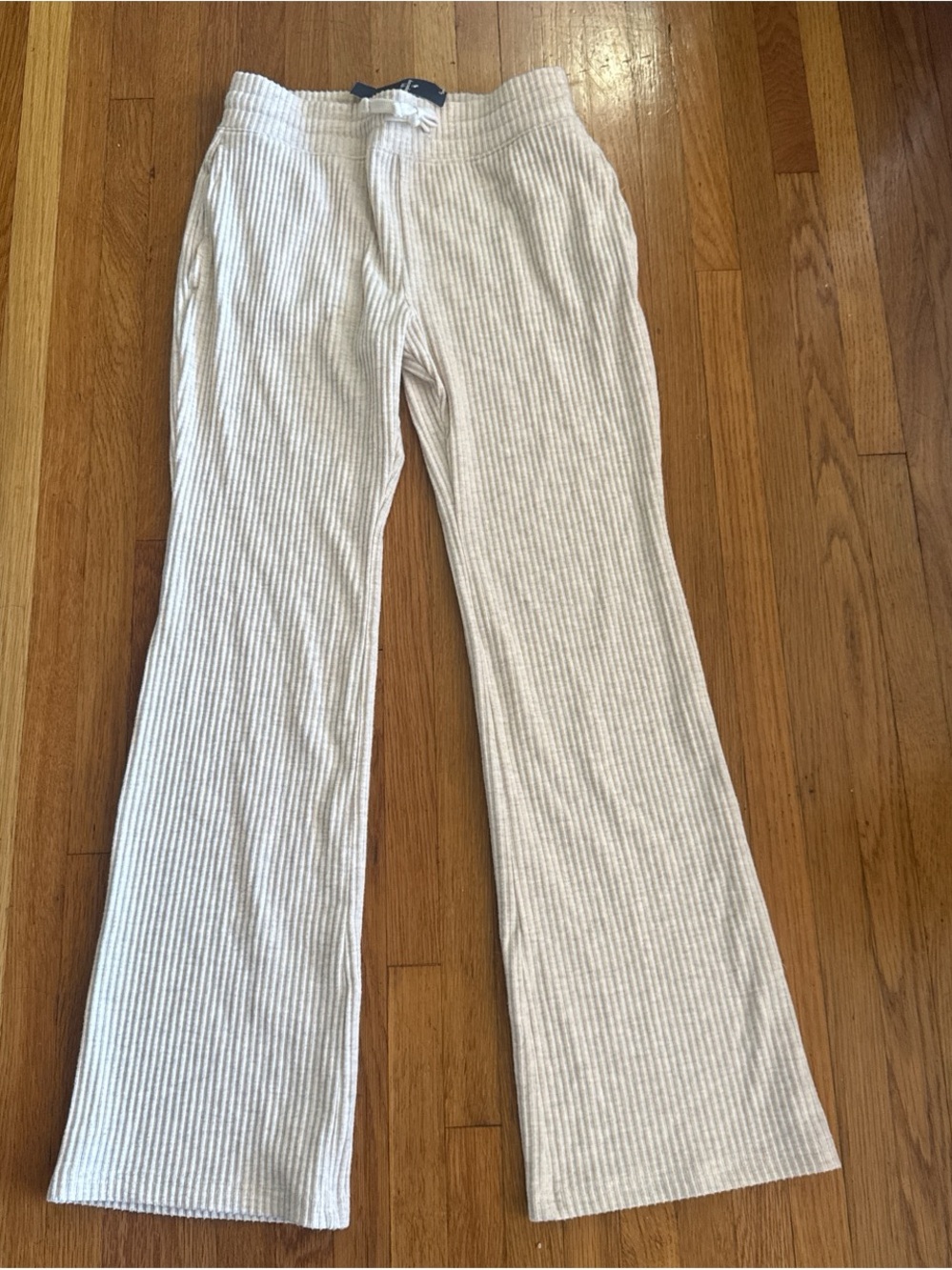 Girls Cozy Ribbed Knit Flare Pants in Light Beige